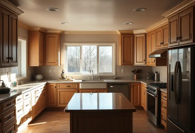 Illustration of modern kitchen with wooden cabinets and stainless steel appliances