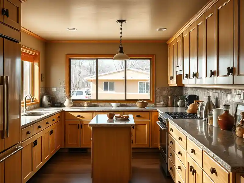 Illustration of a modern kitchen with wooden cabinets and granite countertops.